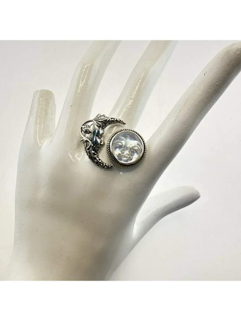 Sarda Sterling Silver Ring Moon Face Celestial Adjustable Sz 10-11.5 Bali 925
